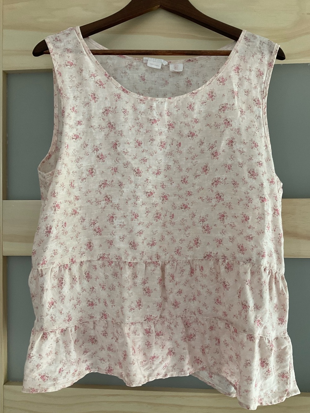 Shabby Chic Linen Floral Tiered Tank Blouse Large